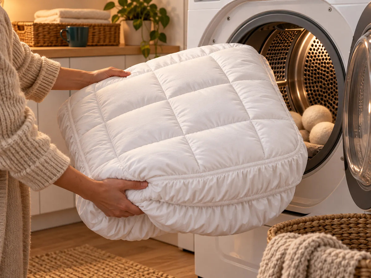 Sleeplo topper being taken out of the washing machine, clean and soft