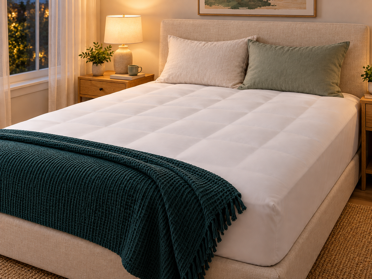 Bed made with a fitted sheet over the Sleeplo topper and pillows in place in warm evening light