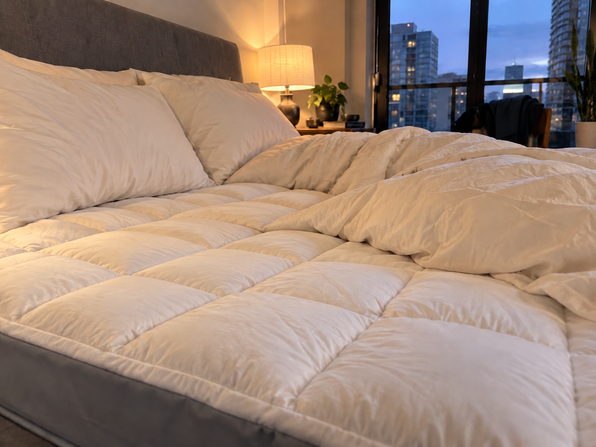 Sleeplo topper fresh from the dryer laid on a bed while a hand presses the fill