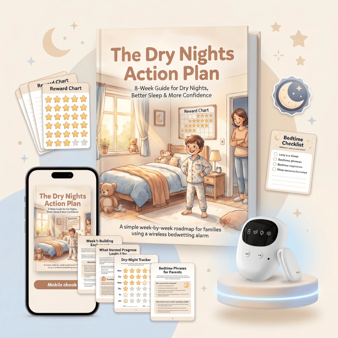 Dry Nights Action Plan with smartphone, alarm clock, and bedtime checklist on a light background