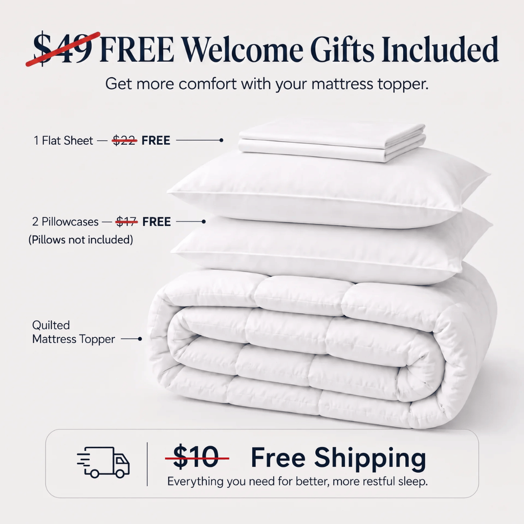 Promotional graphic for a mattress topper bundle showing a folded white quilted mattress topper, stacked white pillows, and a folded white flat sheet on a light gray background, with text offering free gifts and free shipping.
