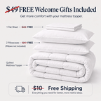 Promotional graphic for a mattress topper bundle showing a folded white quilted mattress topper, stacked white pillows, and a folded white flat sheet on a light gray background, with text offering free gifts and free shipping.