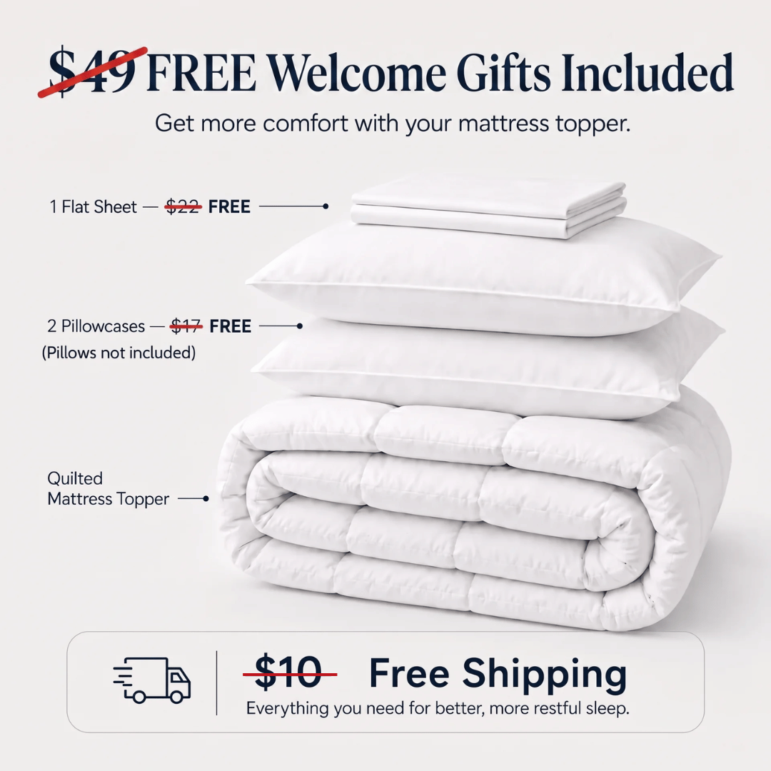 Promotional graphic for a mattress topper bundle showing a folded white quilted mattress topper, stacked white pillows, and a folded white flat sheet on a light gray background, with text offering free gifts and free shipping.
