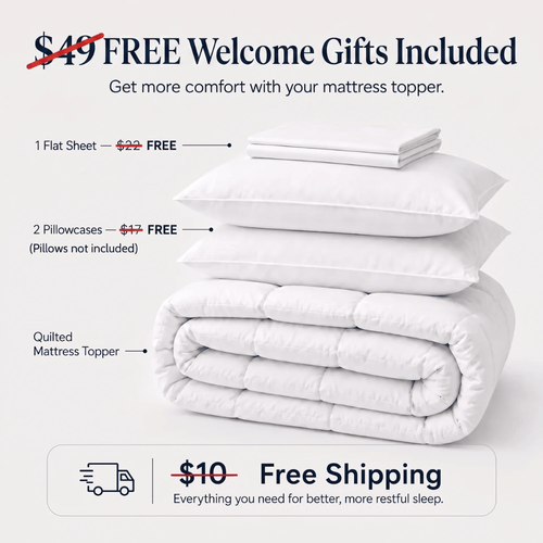 Promotional graphic for a mattress topper bundle showing a folded white quilted mattress topper, stacked white pillows, and a folded white flat sheet on a light gray background, with text offering free gifts and free shipping.