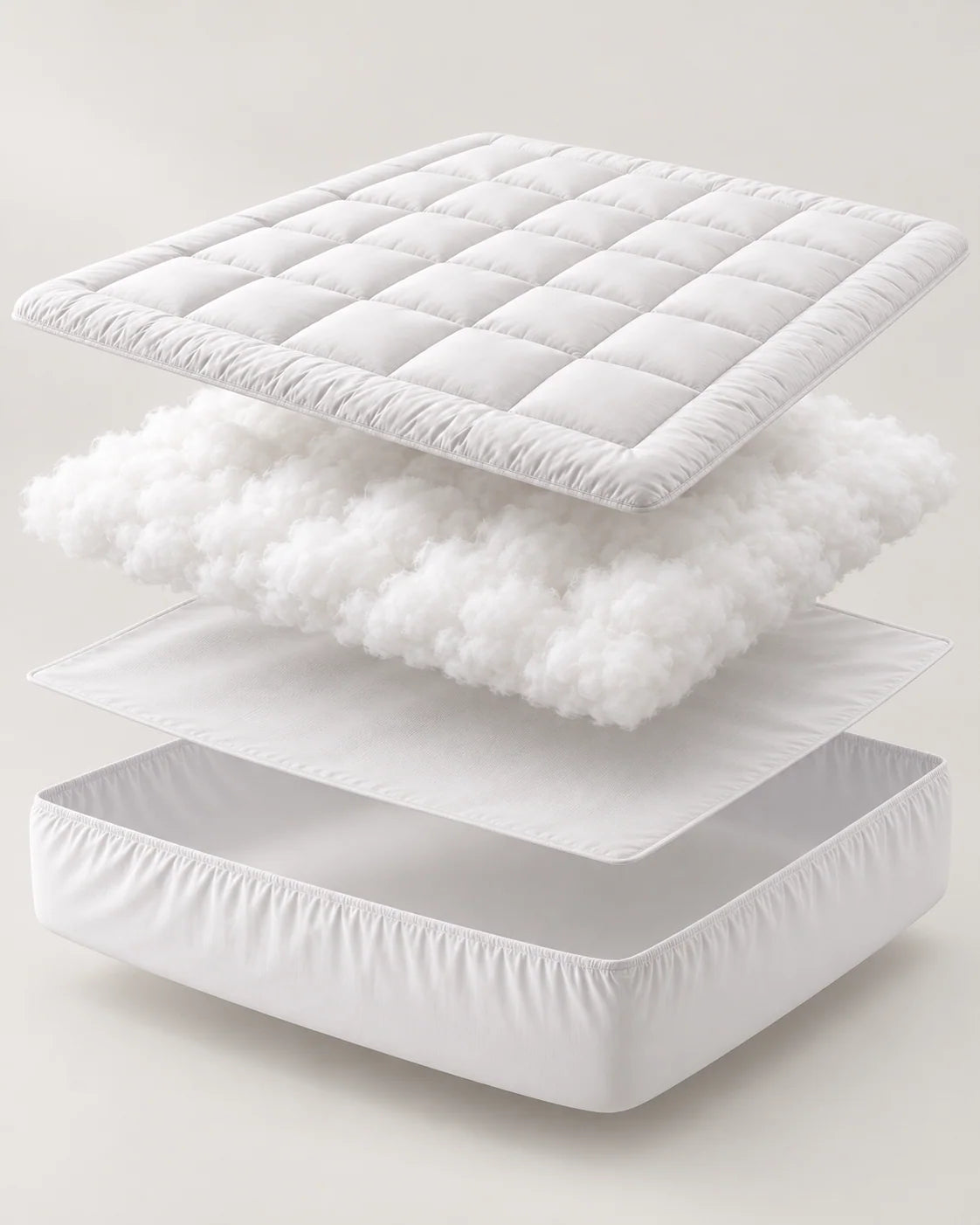 Exploded layered view of the Sleeplo topper on a mattress corner showing the quilted cover, stitched squares, fiber fill and elasticized fitted skirt