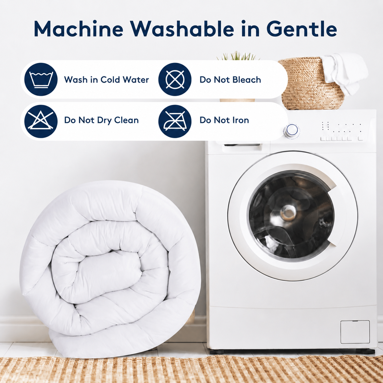 A white folded quilt or comforter sits beside a white front-loading washing machine on a woven rug, with text reading 'Machine Washable in Gentle' and laundry care icons above.