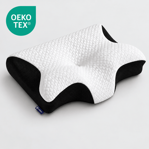 A contoured cervical pillow with a white quilted top and black mesh sides, shown on a light gray background with an OEKO-TEX certification badge in the top-left corner.