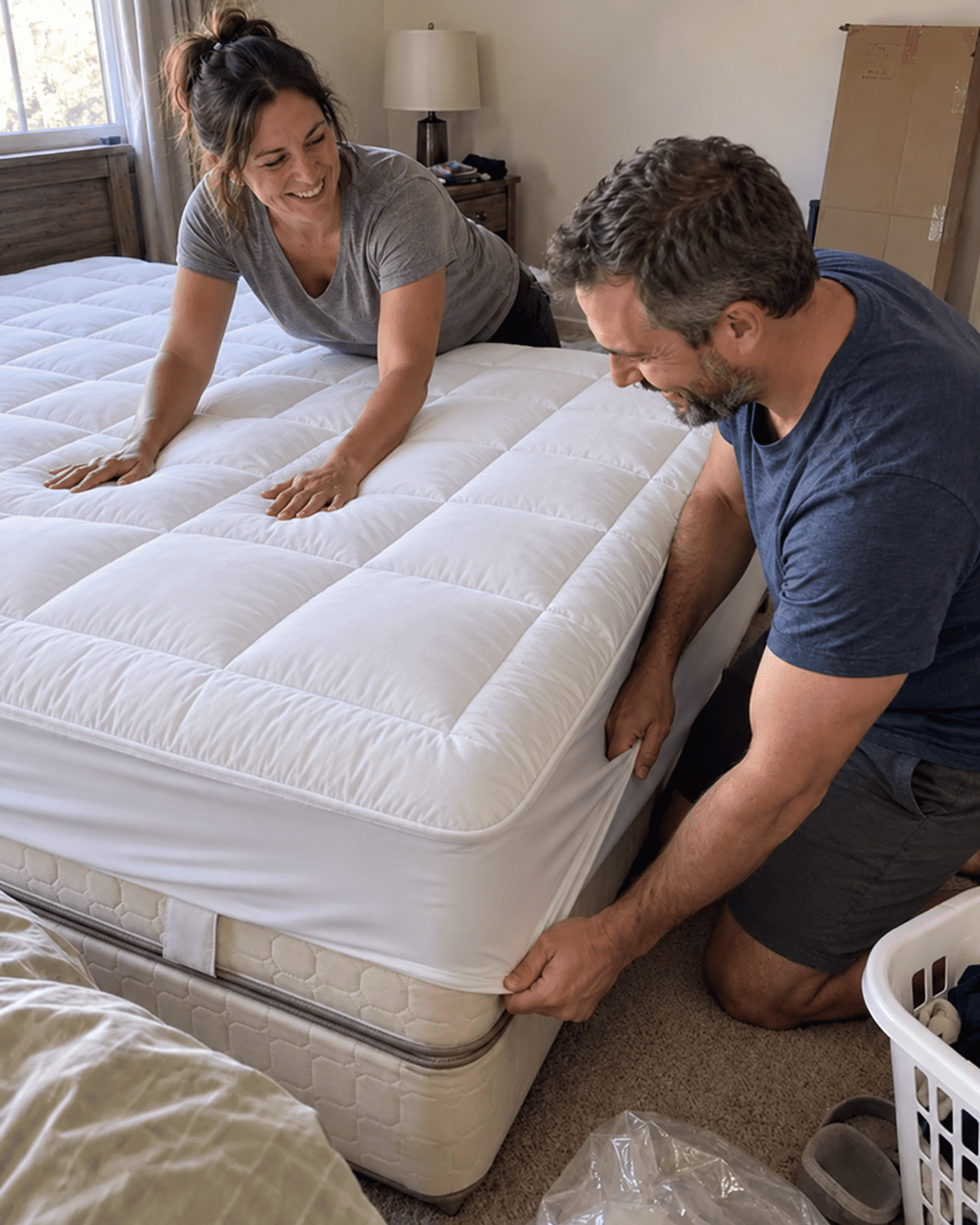 Elasticized corner of the Sleeplo skirt stretched over the edge of a thick mattress