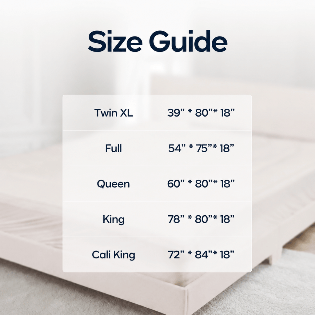 Size guide chart showing mattress size measurements for Twin XL, Full, Queen, King, and Cali King, overlaid on a softly blurred bed background.