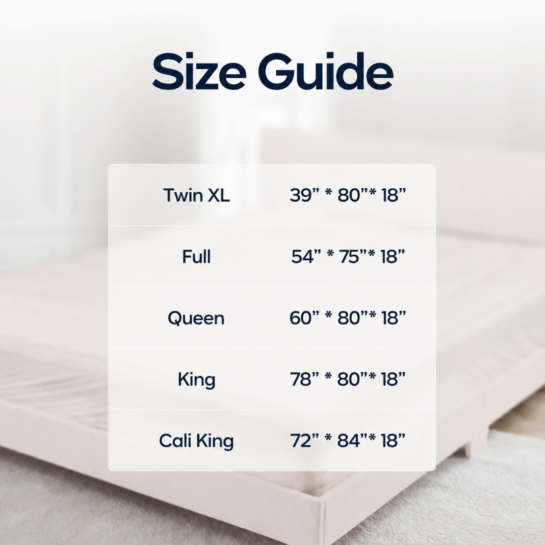 Size guide chart showing mattress size measurements for Twin XL, Full, Queen, King, and Cali King, overlaid on a softly blurred bed background.
