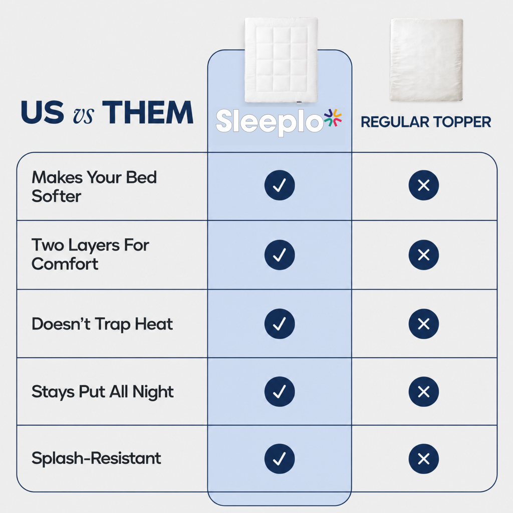 A comparison chart titled 'US vs THEM' comparing Sleepio and Regular Topper mattresses. The chart lists five features: 'Makes Your Bed Softer', 'Two Layers For Comfort', 'Doesn't Trap Heat', 'Stays Put All Night', and 'Splash-Resistant', with Sleepio marked as the better option (checkmark) and Regular Topper marked as the alternative (cross).