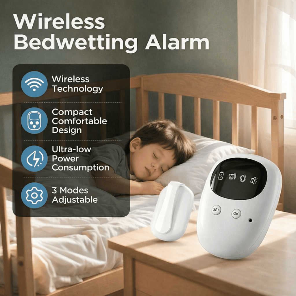 Wireless bedwetting alarm on a nightstand next to a child sleeping in bed