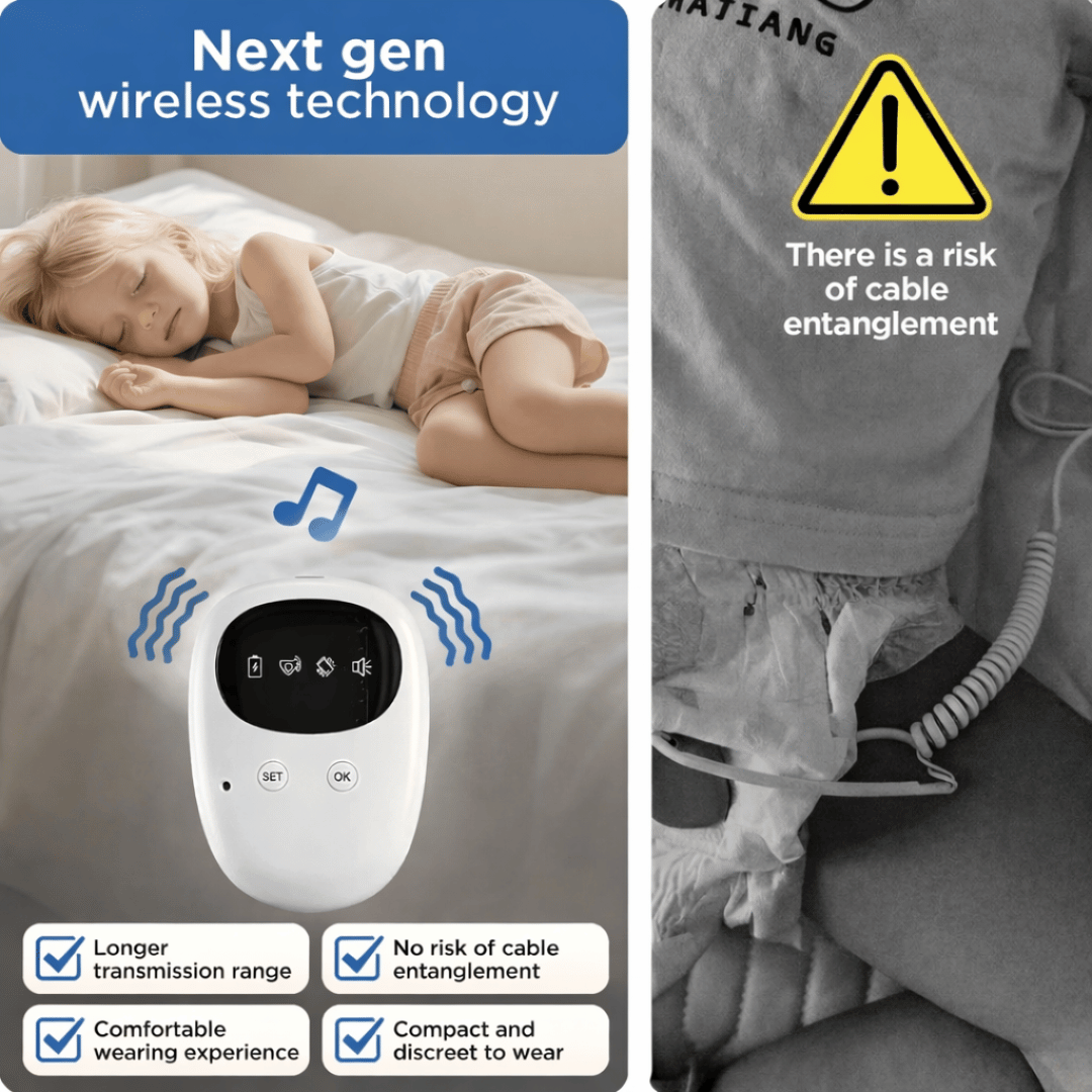 Product advertisement with a child sleeping and a warning label, featuring text about next-gen wireless technology and cable entanglement risks.