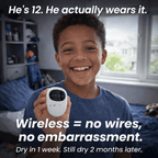 Child holding a wireless device with text about its benefits