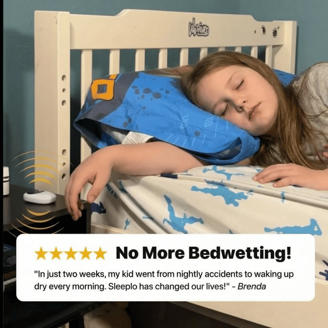 Child sleeping with a blue pillow in a crib, with a testimonial about bedwetting improvement.