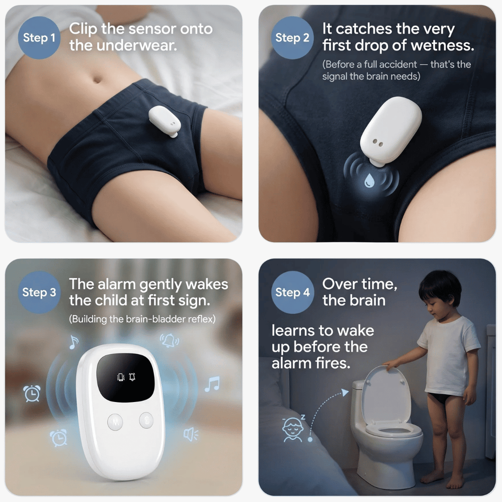 Step-by-step guide on using a sensor and alarm system for children to learn bladder control.