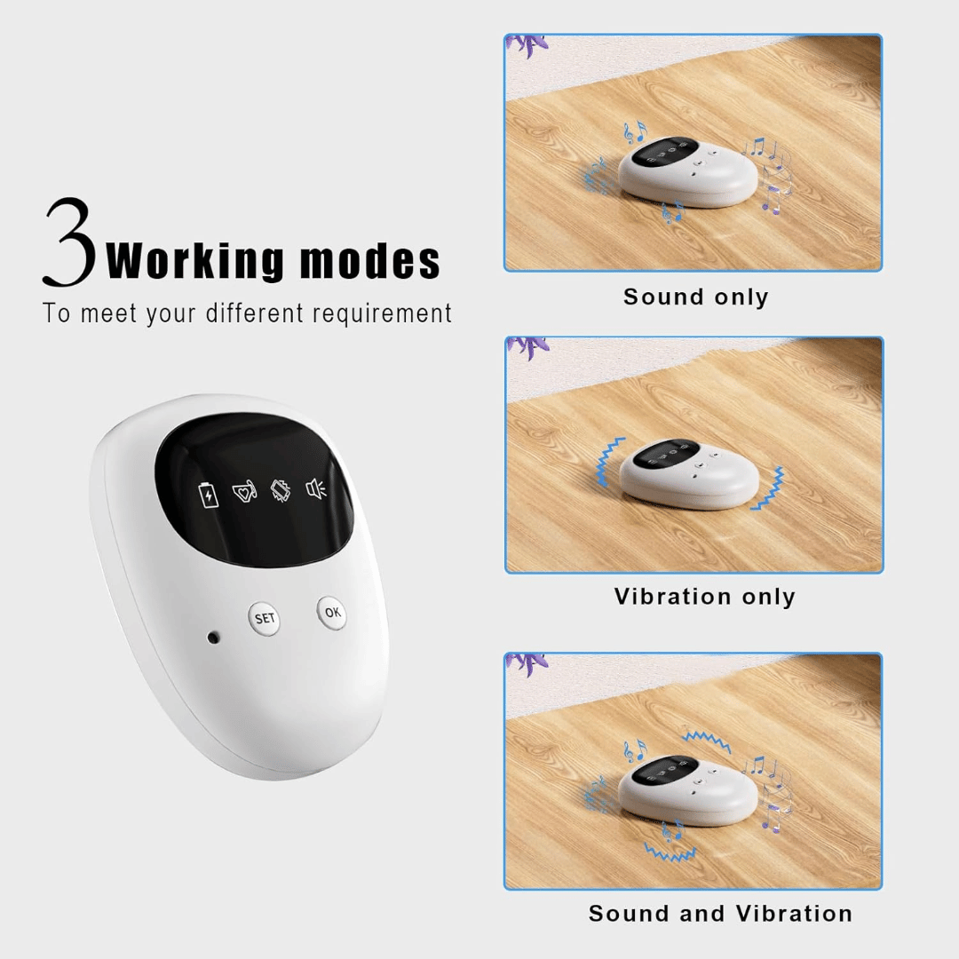 White electronic device with display on a white background, showing three working modes.