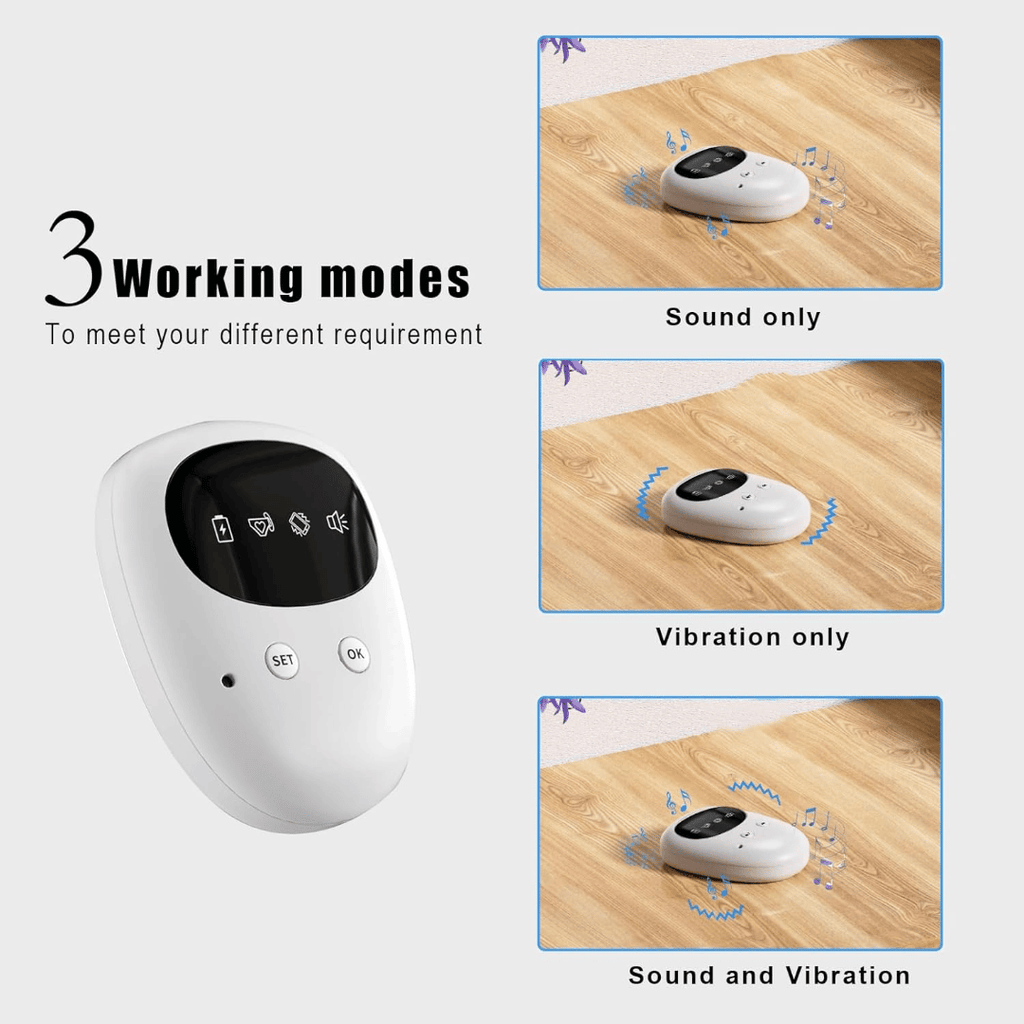 White electronic device with display on a white background, showing three working modes.