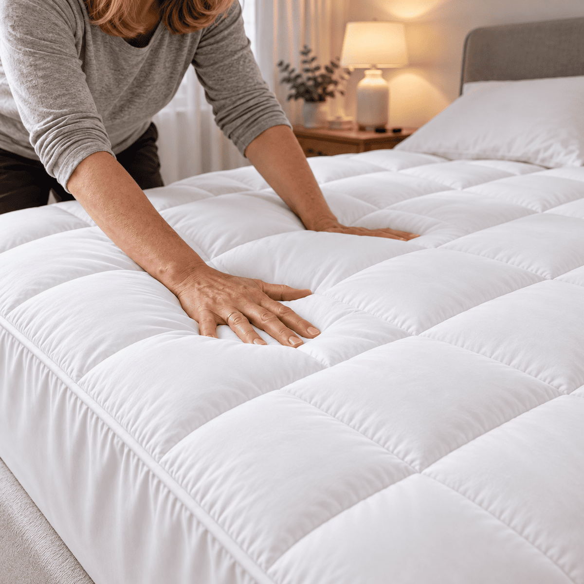 Desenrollando el topper Sleeplo sobre una cama