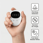Hand holding a white device with features highlighted on a light gray background