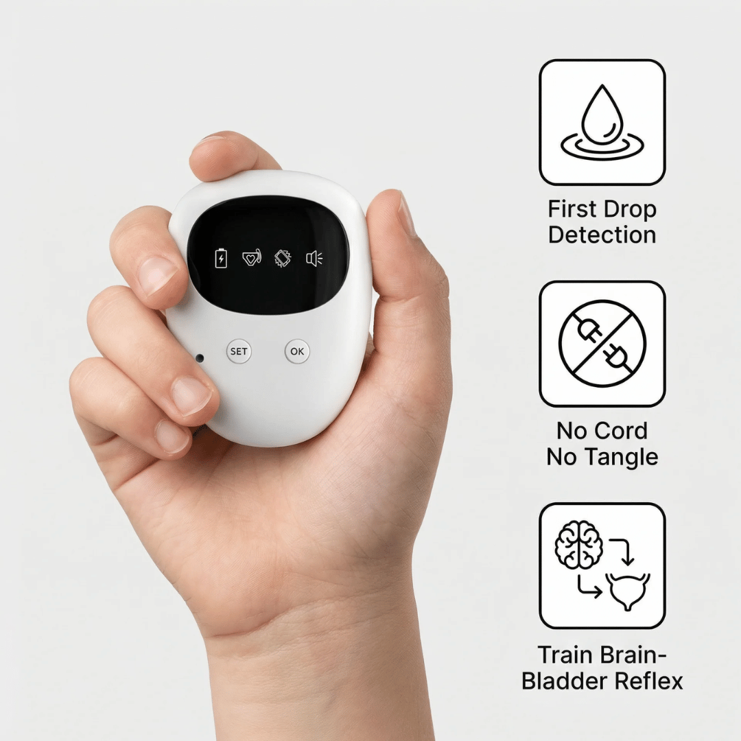 Hand holding a white device with features highlighted on a light gray background