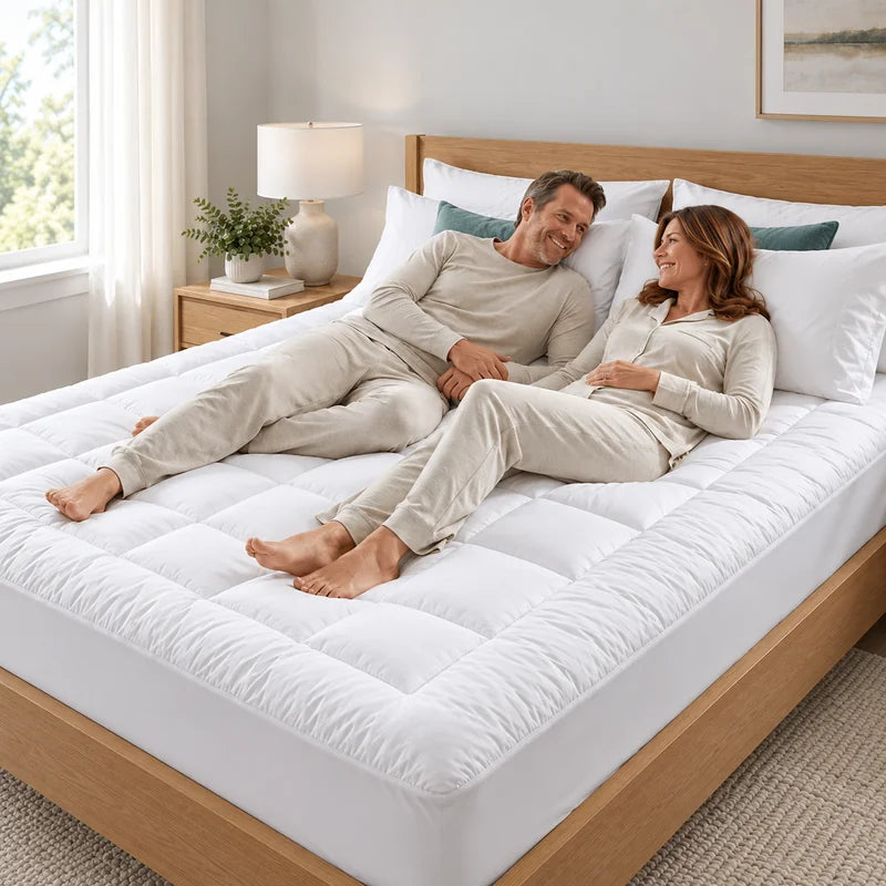 Man and woman lying on a bed with a white mattress topper in a cozy bedroom.