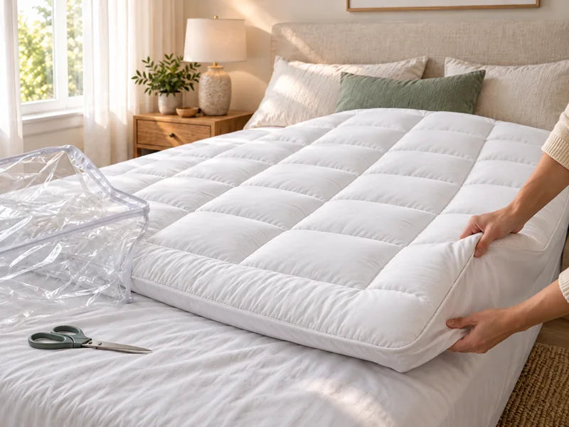 Un adulto metiéndose en una cama hecha por la noche